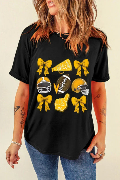 Game Day Rugby Tee: White Cheer Helmet &amp; Bow Graphic T-Shirt