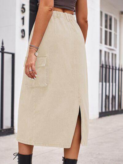 Slit Buttoned Denim Skirt with Pockets for Women