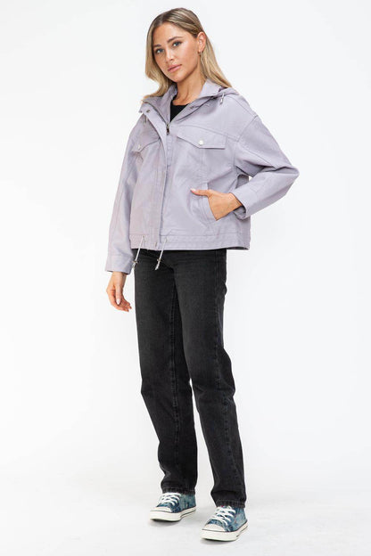 How Dare U Drawstring Hem PU Leather Zip Up Jacket Women