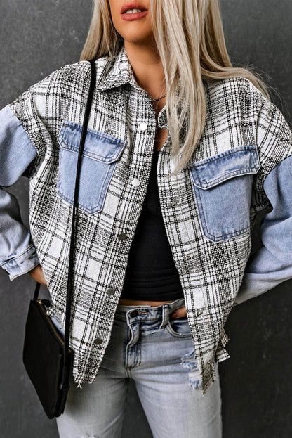 Plaid Pocketed Snap Down Denim Jacket for Stylish Comfort