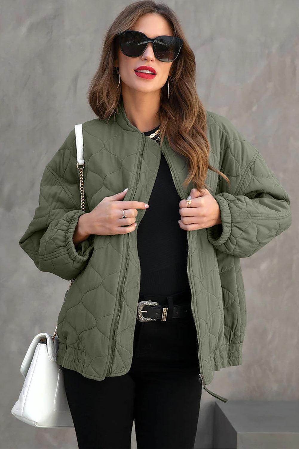 Zip Up Drop Shoulder Long Sleeve Puffer Jacket for Women