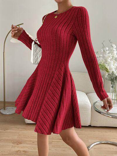 Ribbed Round Neck Long Sleeve Dress for Everyday Style