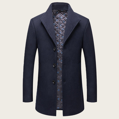 Stand-collar Cotton-lined Wrinkle-resistant Mid-length Wool Coat