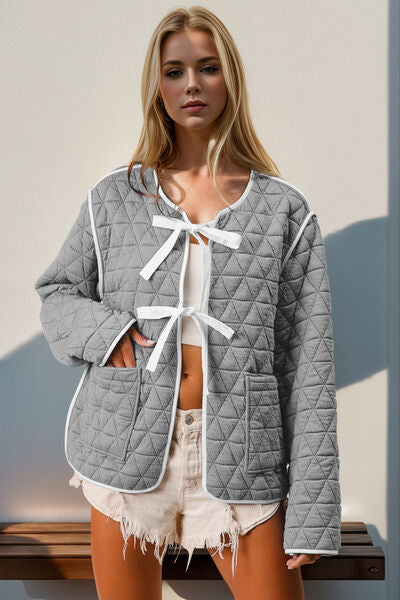 Charming Double Take Contrast Trim Tie Front Quilted Jacket with Pockets Elegant &amp; Cozy Outerwear
