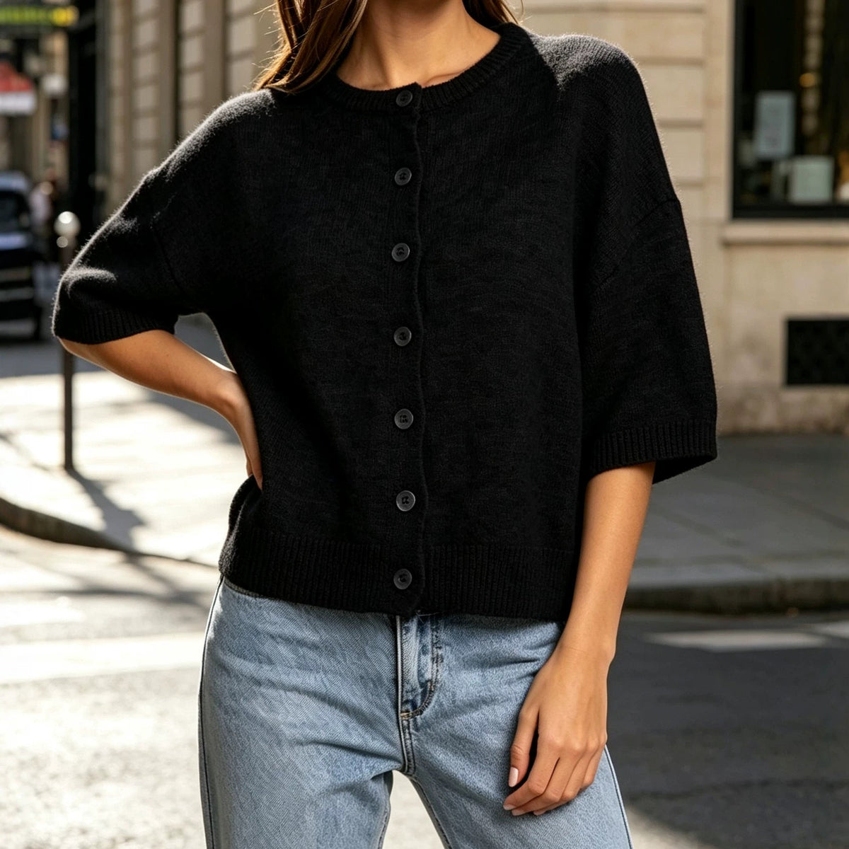 2026 Autumn Cross Border Round Neck Mid Sleeve Knitted Wool Cardigan Women&