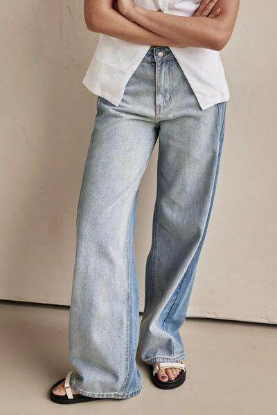 Contrast Straight Leg Jeans with Pockets for Women