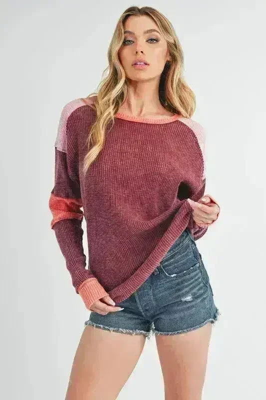 Color Block Knit Top – Raw Seam Detail &amp; Cotton-Spandex Blend