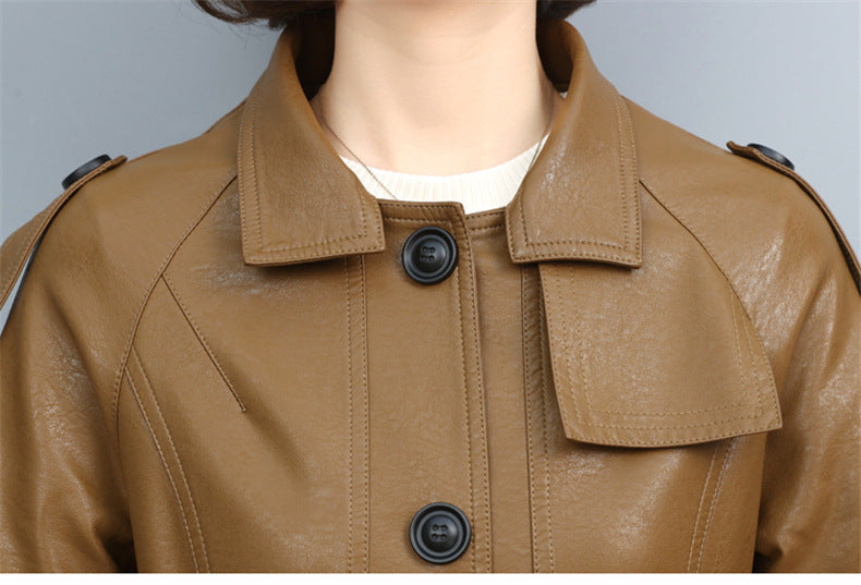 New Women Leather Trench Spring Turn-down Collar Solid Color Drawstring Loose Long Sheepskin Coat