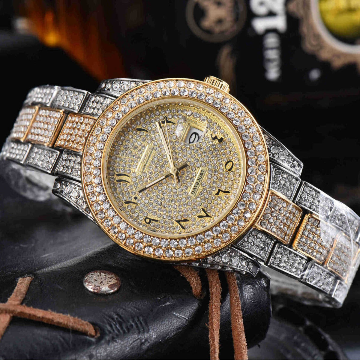 Mens All-Diamond Stainless Steel Quartz Watch