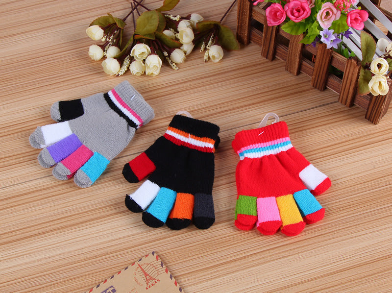Knitted Thick Color Striped Full Finger Warm Gloves