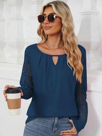 Cutout Round Neck Long Sleeve T-Shirt with Lace Detail