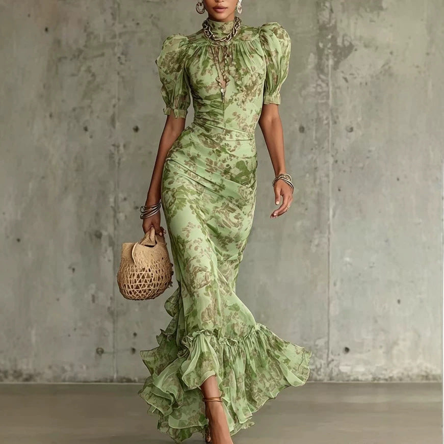 French-style Vintage Chiffon Dress, Summer High-neck Puff Sleeve, Waist-cinching, Slimming, Fishtail, Elegant, Ladylike, Vacation Long Dress
