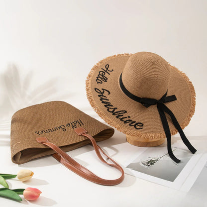 Straw Hat &amp; Tote Set – Beach Vacation Sun Protection Duo, Large Capacity Travel Tote