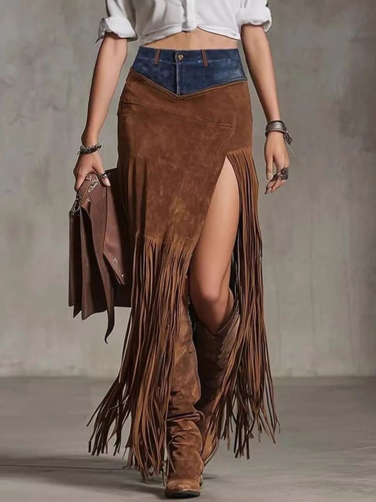 Denim Patchwork Fringe Maxi Skirt
