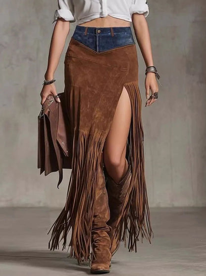 Denim Patchwork Fringe Maxi Skirt