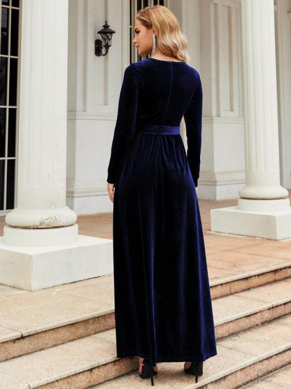 Tie Front Round Neck Long Sleeve Maxi Dress for Women