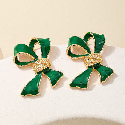 Dripping Oil Green Bow Womens Earrings