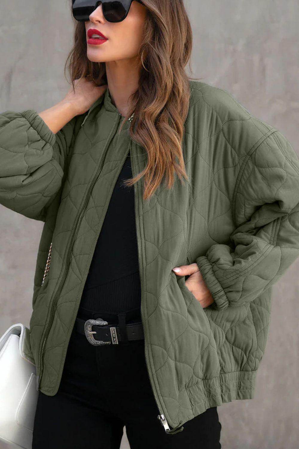 Zip Up Drop Shoulder Long Sleeve Puffer Jacket for Women