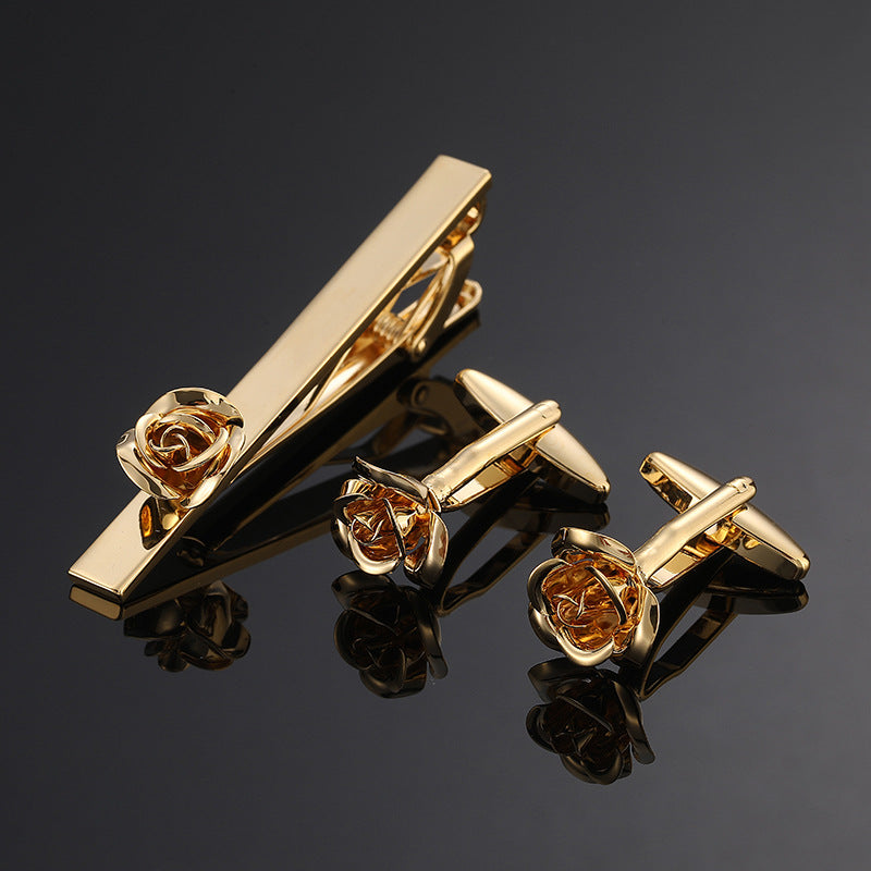 Gold And Silver Black Crystal Rose Enamel Pattern Batch Flower Tie Clip Cuff Buckle Set