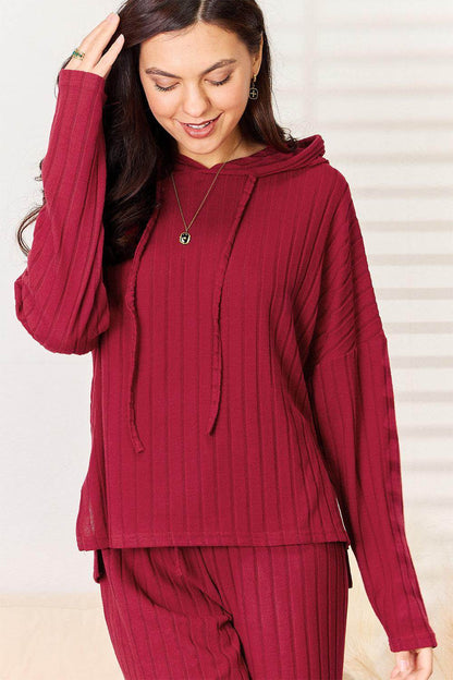 Basic Bae Full Size Ribbed Drawstring Hooded Top Set