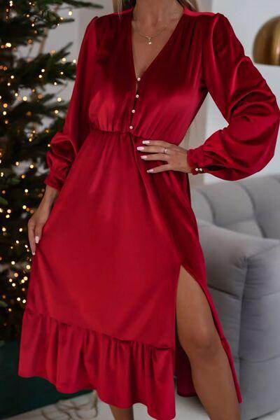 Ruffle Hem Slit V-Neck Long Sleeve Dress for Women