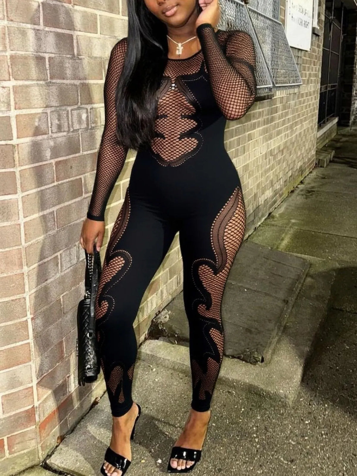 Fishing Net Sheer Long Sleeve Jumpsuit