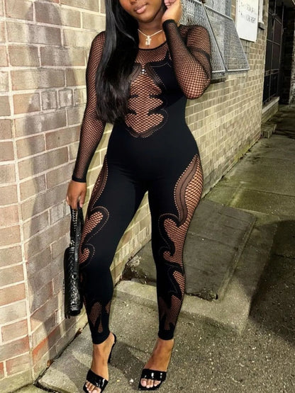 Fishing Net Sheer Long Sleeve Jumpsuit