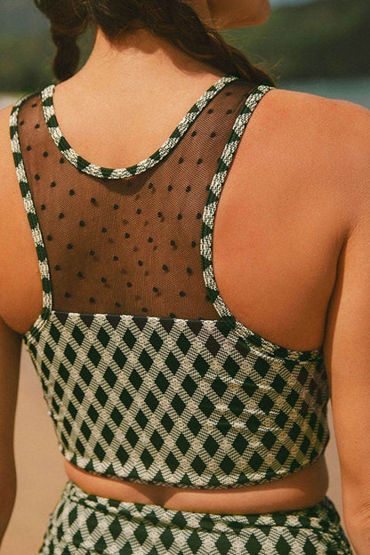 Dotted Mesh Plaid Patchwork High Waisted Swim Set
