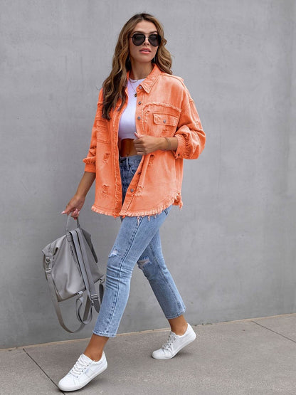 Distressed Drop Shoulder Denim Jacket for Casual Style