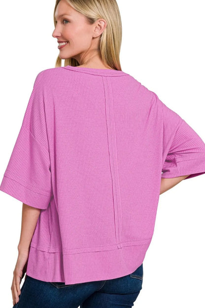 Zenana Ribbed Boat Neck 3/4 Sleeve Top