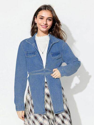 Asymmetric Slit Collared Neck Long Denim Top for Women