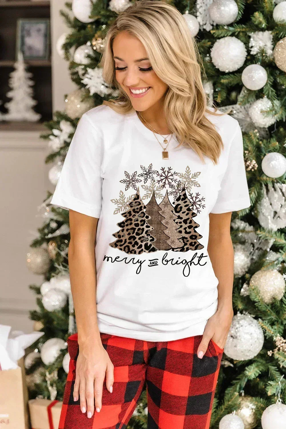 White Leopard Christmas Tree Graphic Tee – Festive &amp; Fierce Crewneck
