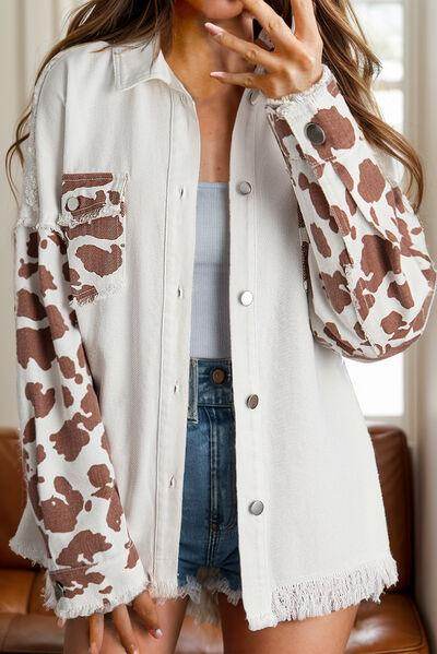 Raw Hem Animal Print Long Sleeve Denim Jacket for Women