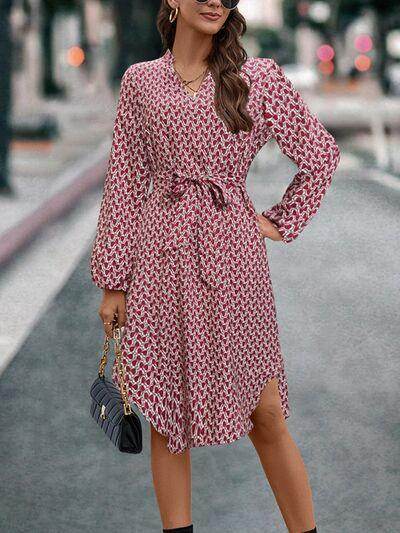 Tied Printed Notched Balloon Sleeve Dress for Women