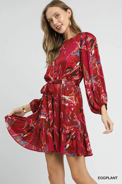Umgee Ruffled Hem Printed Balloon Sleeve Dress