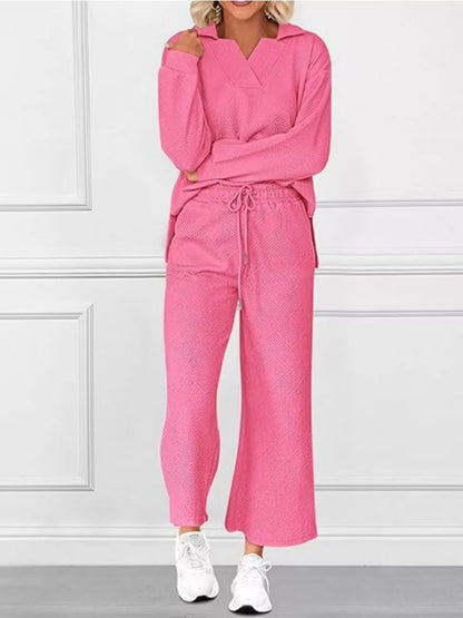 Side Slit Textured Top and Drawstring Pants Set