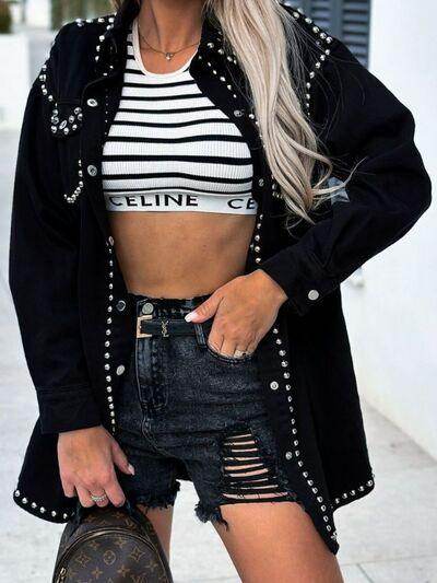 Studded Snap Down Long Sleeve Denim Shacket for Women