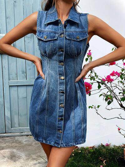 Pocketed Button Up Sleeveless Denim Dress for Women