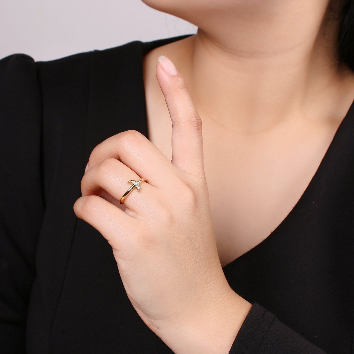 1pc Cresent Moon CZ 24k Gold Ring, Moon Cubic Pave Adjustable Gold Curb Ring, Simple Ring, Clear Cubic Zirconia R316