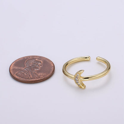 1pc Cresent Moon CZ 24k Gold Ring, Moon Cubic Pave Adjustable Gold Curb Ring, Simple Ring, Clear Cubic Zirconia R316