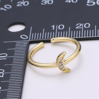 1pc Cresent Moon CZ 24k Gold Ring, Moon Cubic Pave Adjustable Gold Curb Ring, Simple Ring, Clear Cubic Zirconia R316