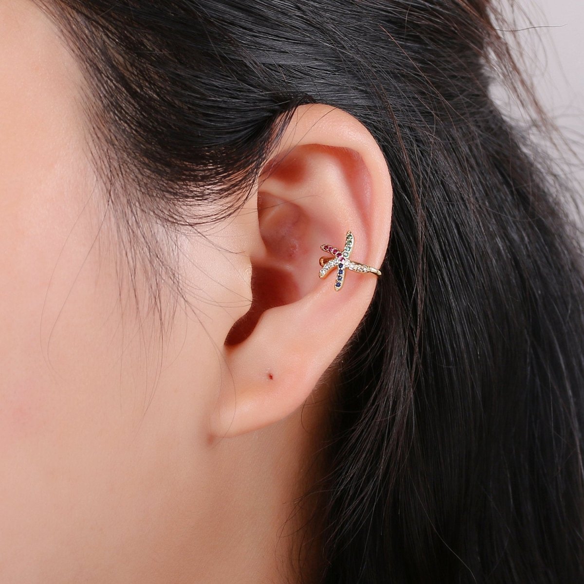 14K Gold Filled Multicolor CZ Micro Paved Starfish Ocean Animal Ear Cuff Earrings | AI100