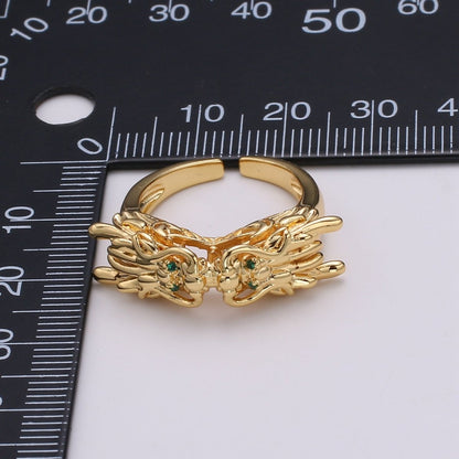1pc Twin Dragon CZ Pave 24K Gold Ring, Green Eye Dragon Adjustable Gold Ring, Bold Animal Ring, R-435