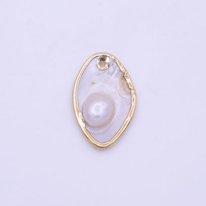 1pc Wholesale Natural Mother of Pearl Charm Abstract Oval Shape Aprox 27.1x17.3mm, Gold Frame Charm P-1843