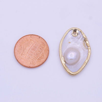 1pc Wholesale Natural Mother of Pearl Charm Abstract Oval Shape Aprox 27.1x17.3mm, Gold Frame Charm P-1843