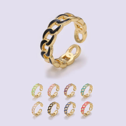 1x Enamel Gold Curb Chain Ring, Statement Ring, Chunky Link Chain Ring, Stackable Ring Thick Gold Ring Open Gold Ring gift for her
