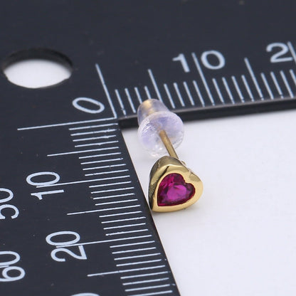 1x Tiny Heart CZ Plain Bezel Set Earrings, 14K gold earring, tiny studs, minimal earring, gold cz stud earring Q-432