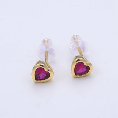 1x Tiny Heart CZ Plain Bezel Set Earrings, 14K gold earring, tiny studs, minimal earring, gold cz stud earring Q-432