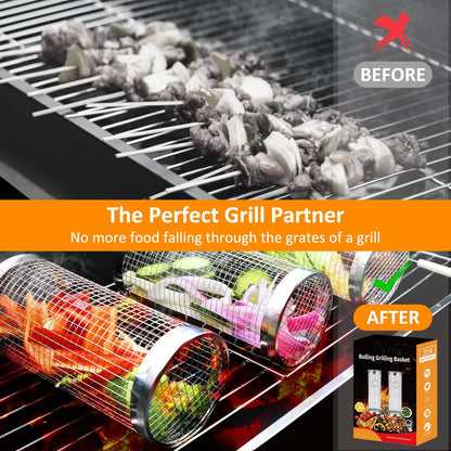 2 PCS Grill Basket BBQ Rolling Grilling Basket Stainless Steel Grill Mesh Barbeque Portable Grill Accessories for Fish BBQ Rolling Grilling Basket for Outdoor Grill Cylindrical Stainless Steel Grill