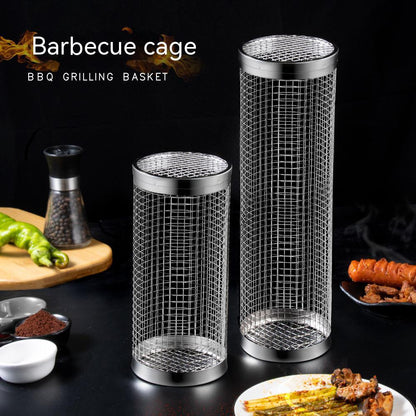 2 PCS Grill Basket BBQ Rolling Grilling Basket Stainless Steel Grill Mesh Barbeque Portable Grill Accessories for Fish BBQ Rolling Grilling Basket for Outdoor Grill Cylindrical Stainless Steel Grill
